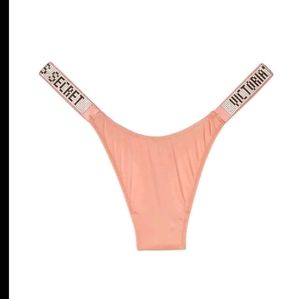 Victoria Secret-Shine Strap Logo Bling Rhinestone "Rose Tan" Thong-S